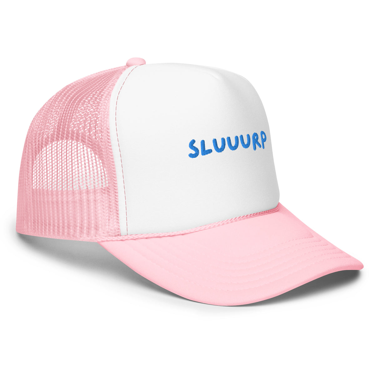 Pink and white Sluuurp trucker hat at a three-quarter angle, showing the curved brim and rope detail
