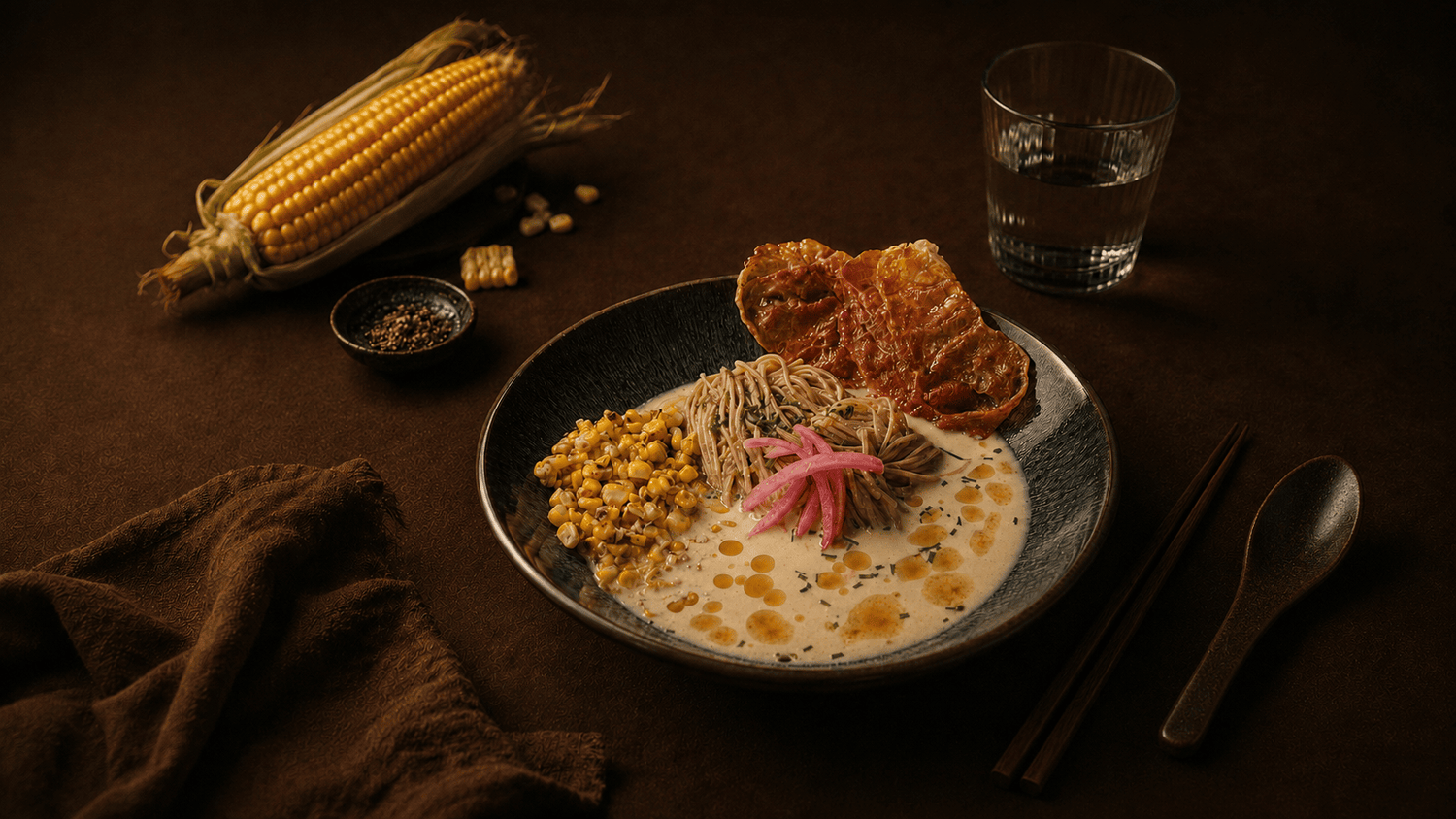 A dining table with a bowl of KYUNU chuka soba style ramen in a light corn potage broth with charred corn, crispy prosciutto, and pickled red onions. 