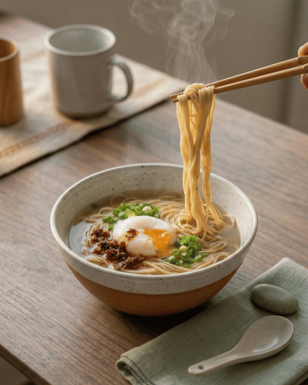 Simple chuka soba being lifted from a bowl with shoyu broth