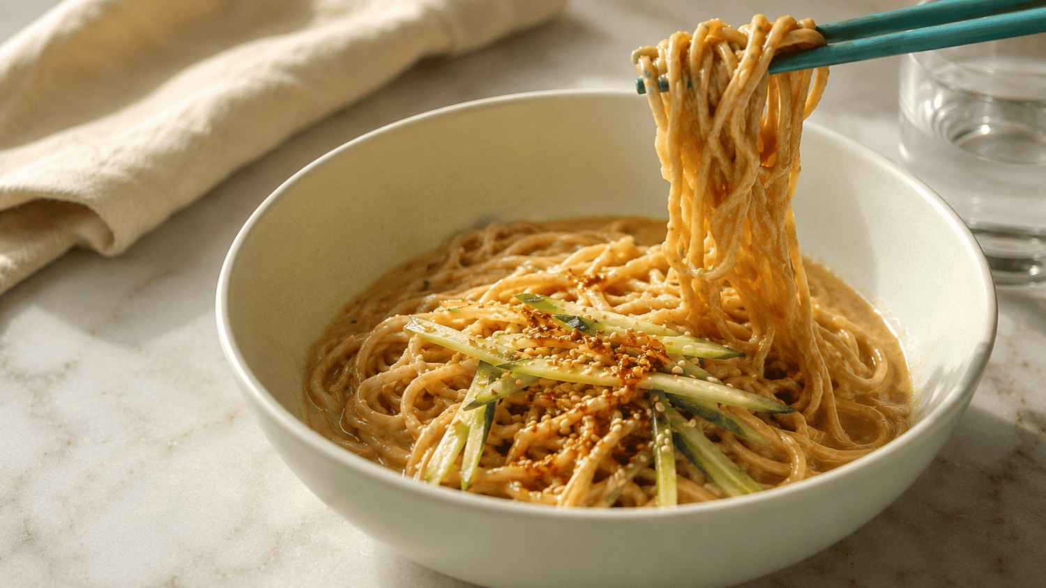 Green chopsticks lifting long ramen noodles covered in ginger sesame sauce in a bowl with flecks of sesame seeds julienned cucumber.