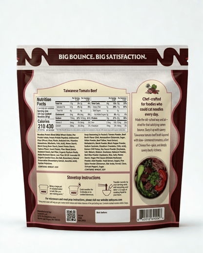 Back of the Kyunu Taiwanese Tomato Beef pouch with a nutrition panel, ingredient list and cooking steps
