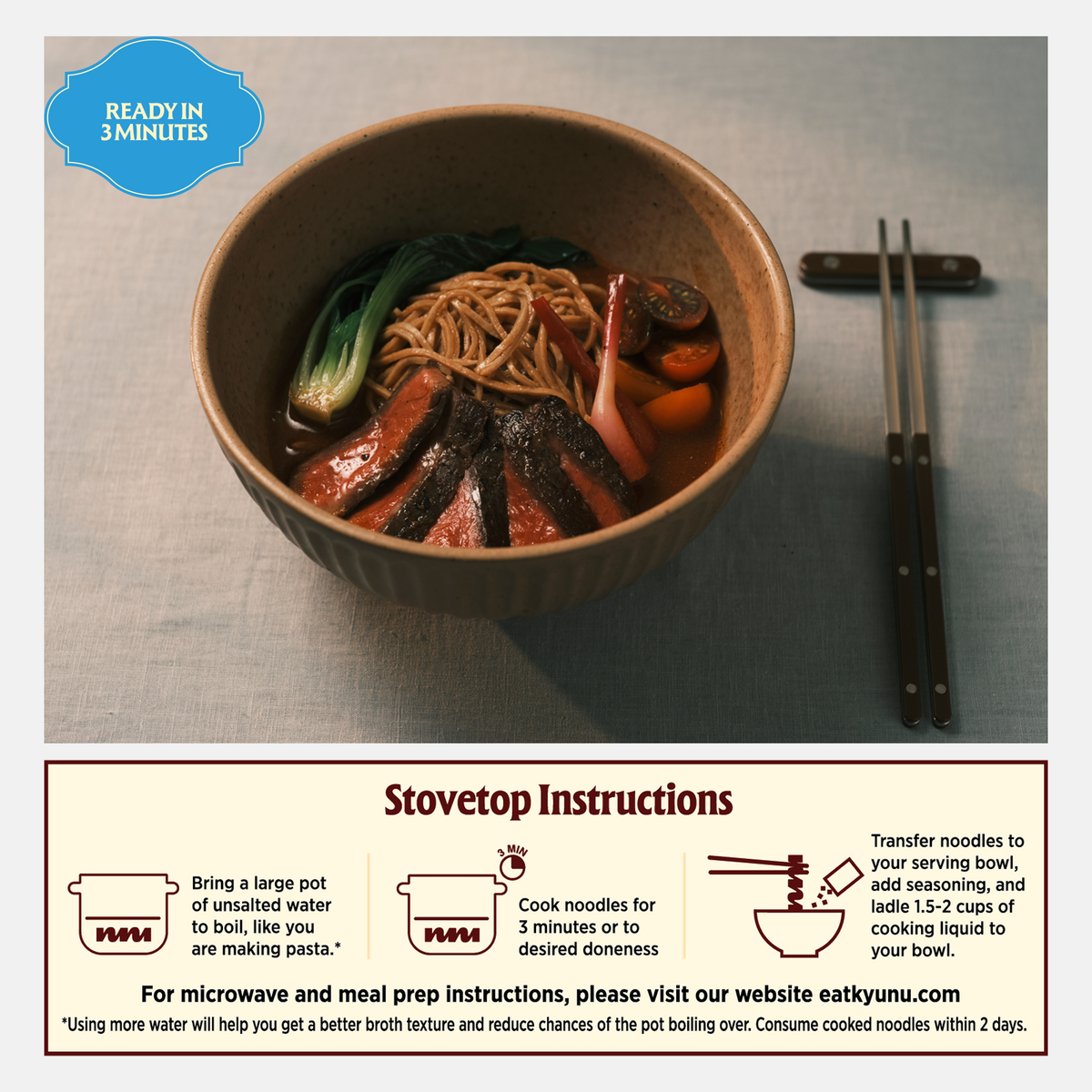 Taiwanese tomato beef ramen bowl with chopsticks and stovetop instructions, ready in 3 minutes