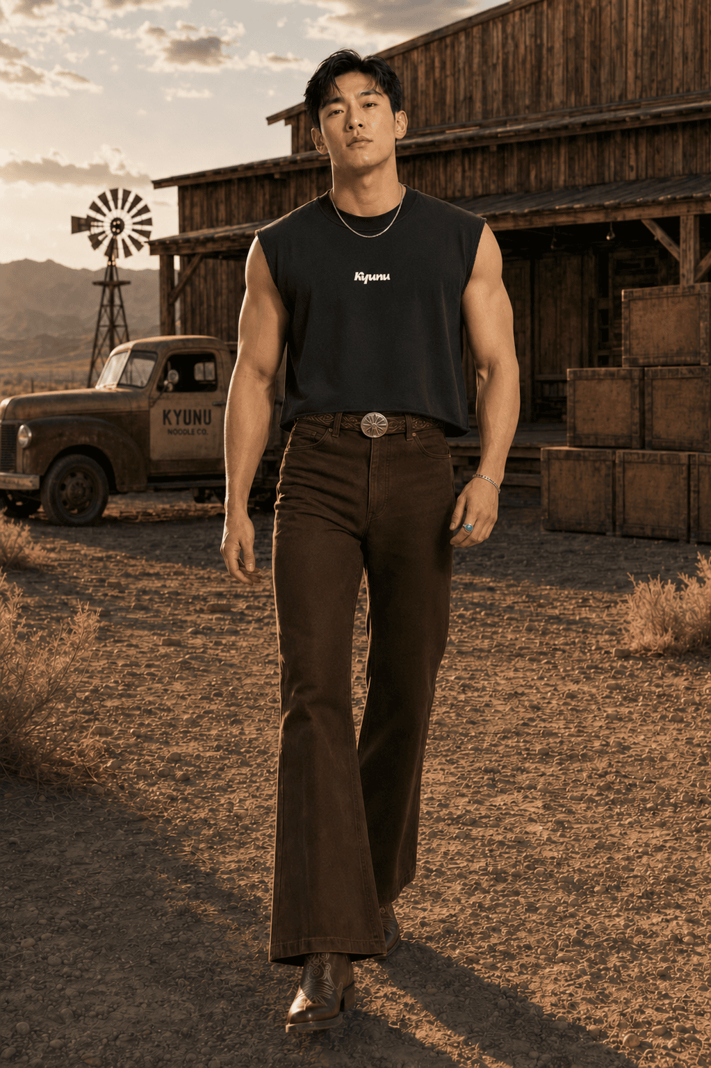 Person in a black Kyunu tank top and brown flares walking past a vintage Kyunu Noodle Co. truck