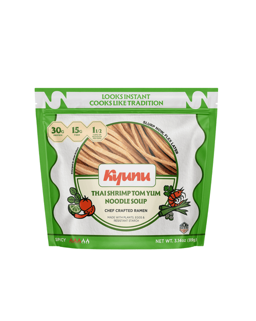 Front of the Kyunu Thai Shrimp Tom Yum Noodle Soup pouch, 30g protein and 15g fiber