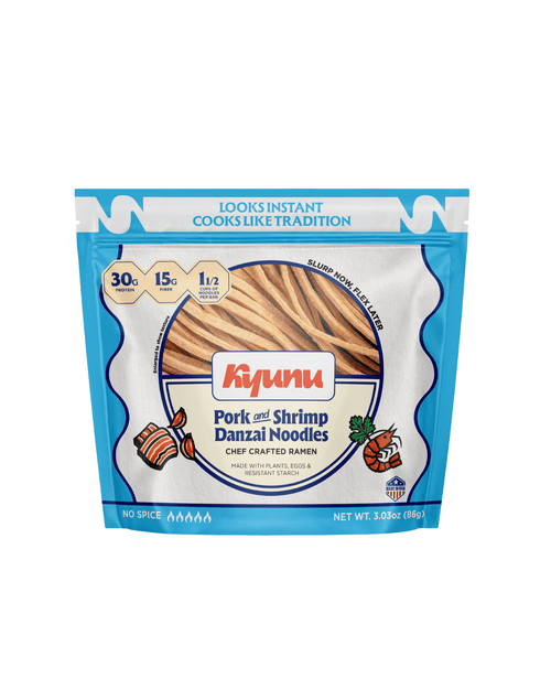 Front of the Kyunu Pork and Shrimp Danzai Noodles pouch, 30g protein and 15g fiber