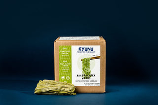 KYUNU Rulebreaker Protein Noodle, Matcha Flavor box with noodle nest next to it