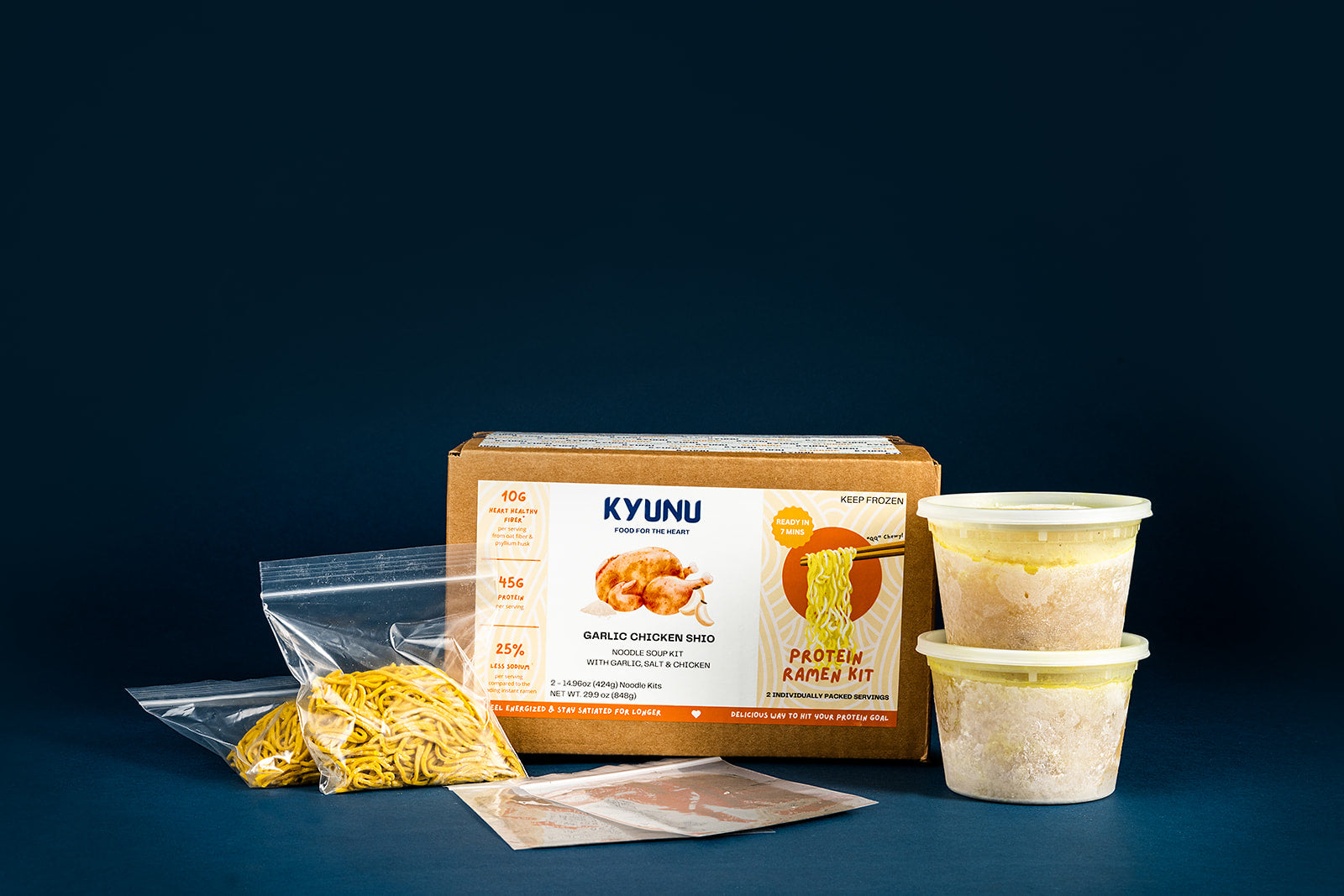 KYUNU Garlic Chicken Shio Frozen Protein Ramen Kit Package Contents