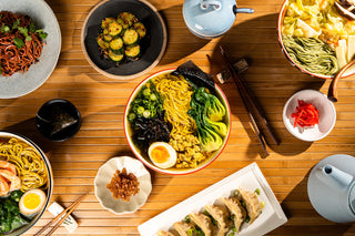 KYUNU noodles tablescape with noodle soups, and chili oil noodles