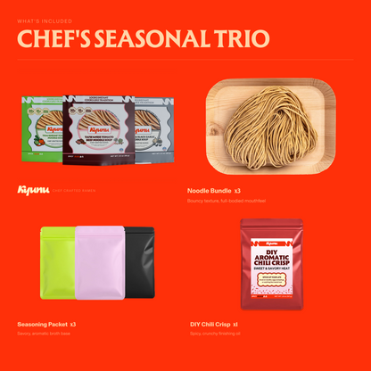 What's included in Chef's Seasonal Trio: three noodle bundles, three seasoning packets and one DIY chili crisp