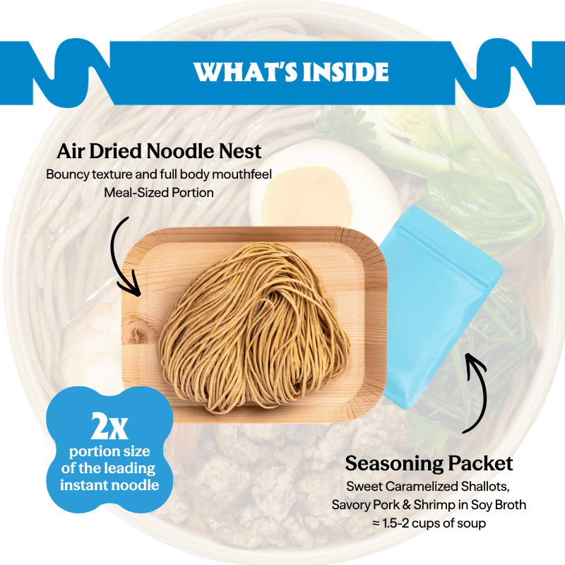 What's inside Pork and Shrimp Danzai: air dried noodle nest plus a caramelized shallot and soy seasoning packet