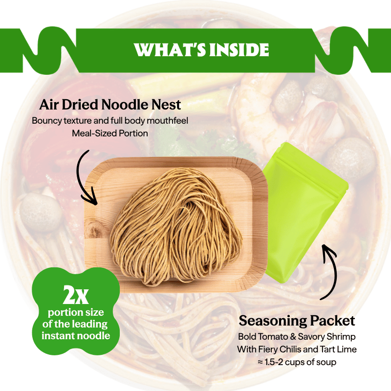 What's inside Thai Shrimp Tom Yum: air dried noodle nest plus a tomato, shrimp, chili and lime seasoning packet