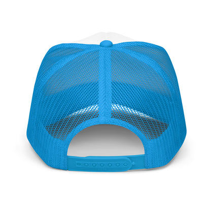 Back of the blue Sluuurp trucker hat, showing blue mesh panels and the plastic snap closure
