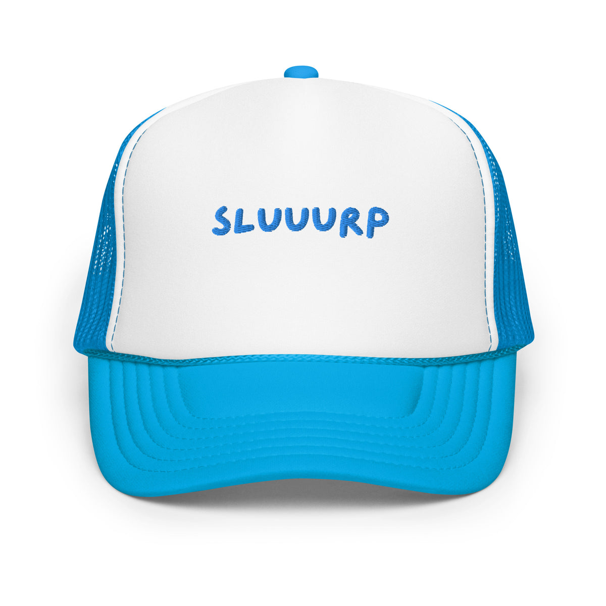 Blue and white Sluuurp trucker hat, front view, with SLUUURP embroidered on the foam panel