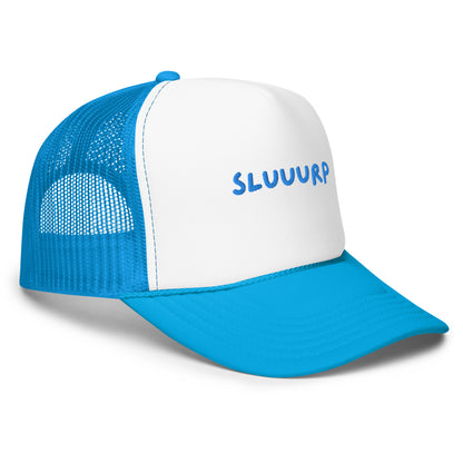 Blue and white Sluuurp trucker hat at a three-quarter angle, showing the curved brim and rope detail