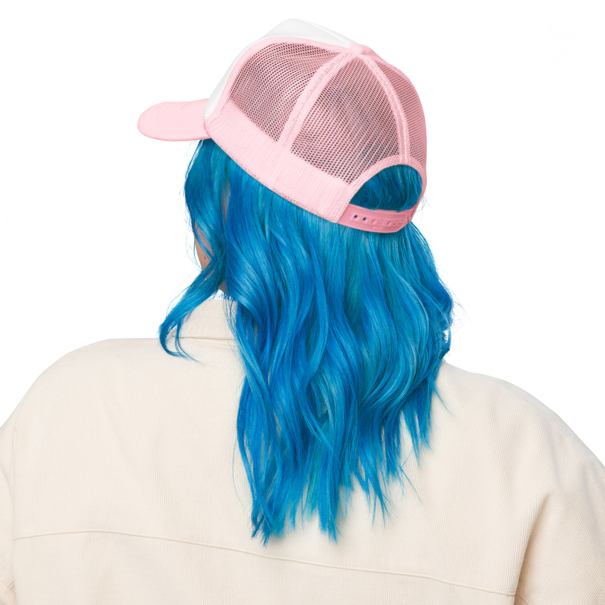 Back of the pink Sluuurp trucker hat worn by a person with blue hair, showing the mesh and snap closure