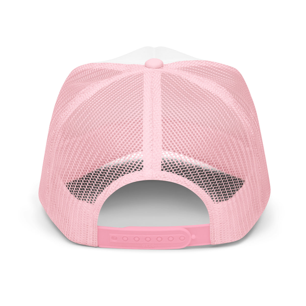 Back of the pink Sluuurp trucker hat, showing pink mesh panels and the plastic snap closure