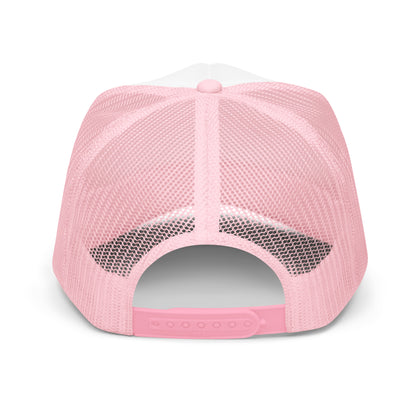 Back of the pink Sluuurp trucker hat, showing pink mesh panels and the plastic snap closure