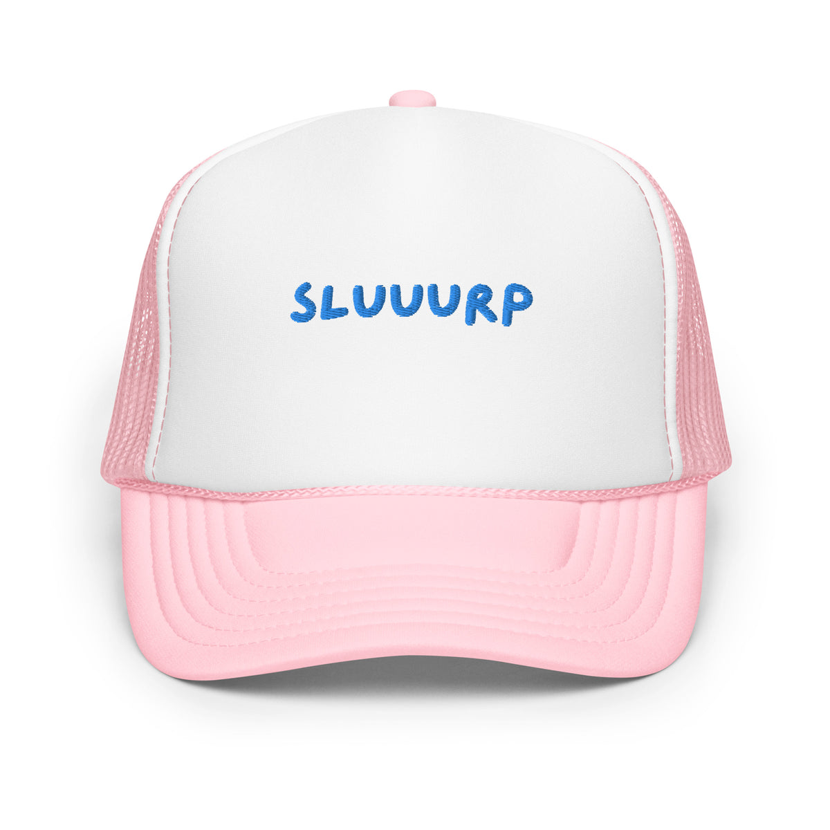 Pink and white Sluuurp trucker hat, front view, with SLUUURP embroidered in blue