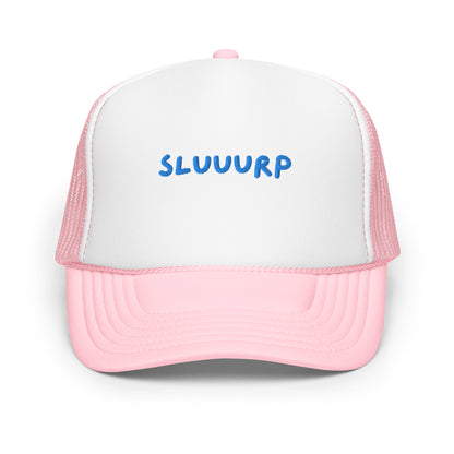 Pink and white Sluuurp trucker hat, front view, with SLUUURP embroidered in blue