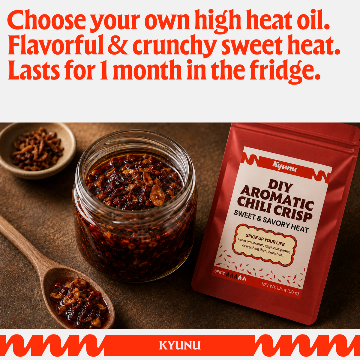 DIY Aromatic Chili Crisp pouch beside a jar of finished sweet and savory chili crisp, net wt 1.8 oz